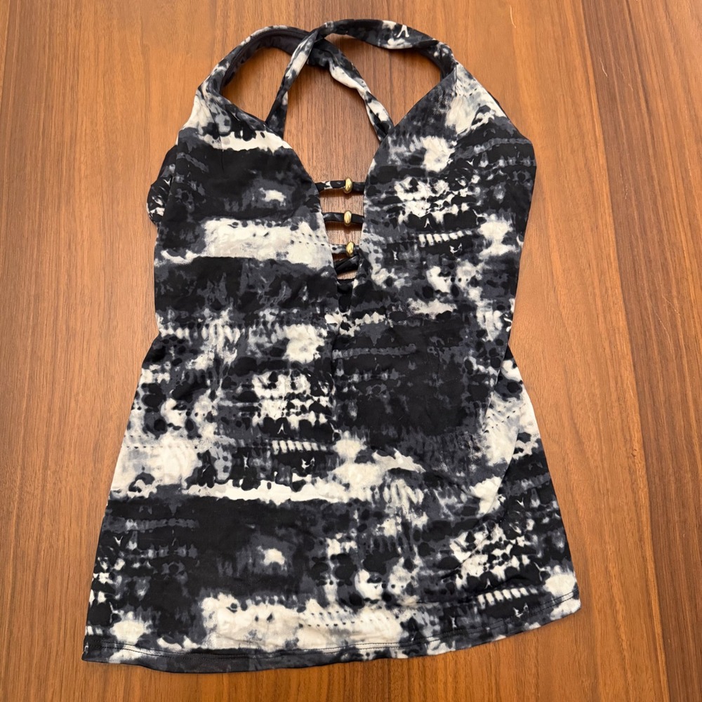 Lucky‎ Brand Womens Black/White Tie Dye Halter Tankini Gold Bead Accent Size D